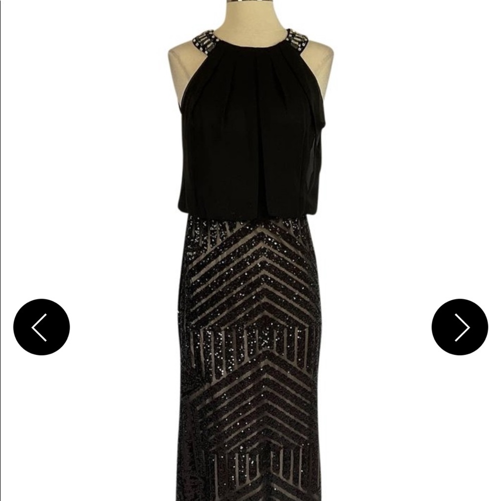 NWT Vince Camuto Black Geometric Sequin Gown W Flowy High Neck Top size 6